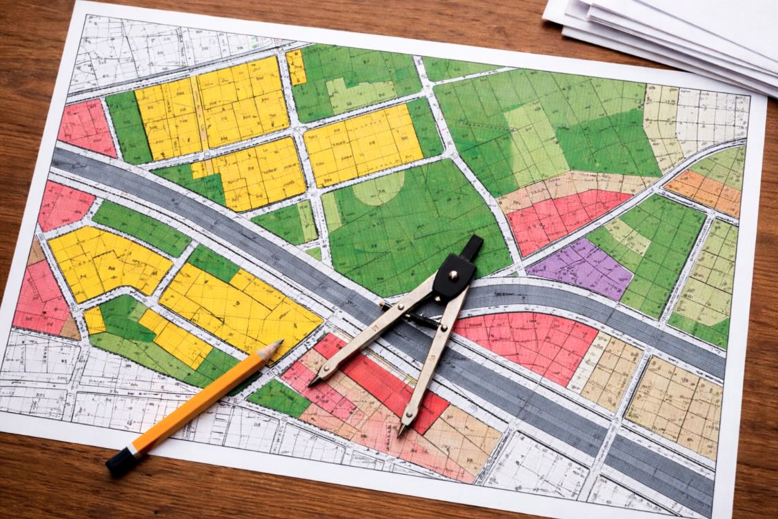 Miejscowy plan zagospodarowania przestrzennego rozłożony na biurku Kolorowa mapa MPZP z oznaczeniami stref i legendą rozłożona na biurku obok dokumentów