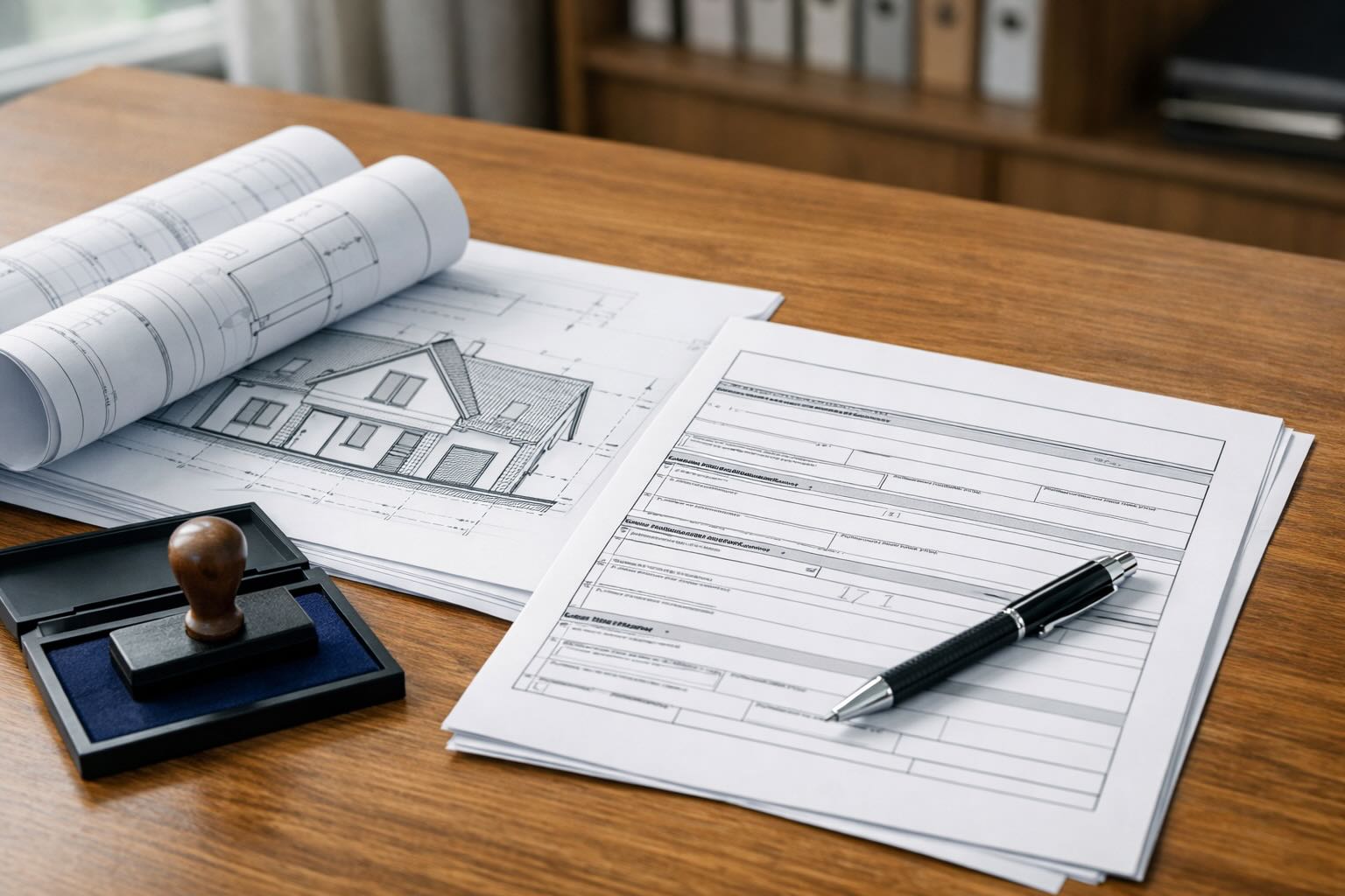 Dokumenty do pozwolenia na budowę: projekt domu, formularz wniosku i pieczątka urzędowa na biurku