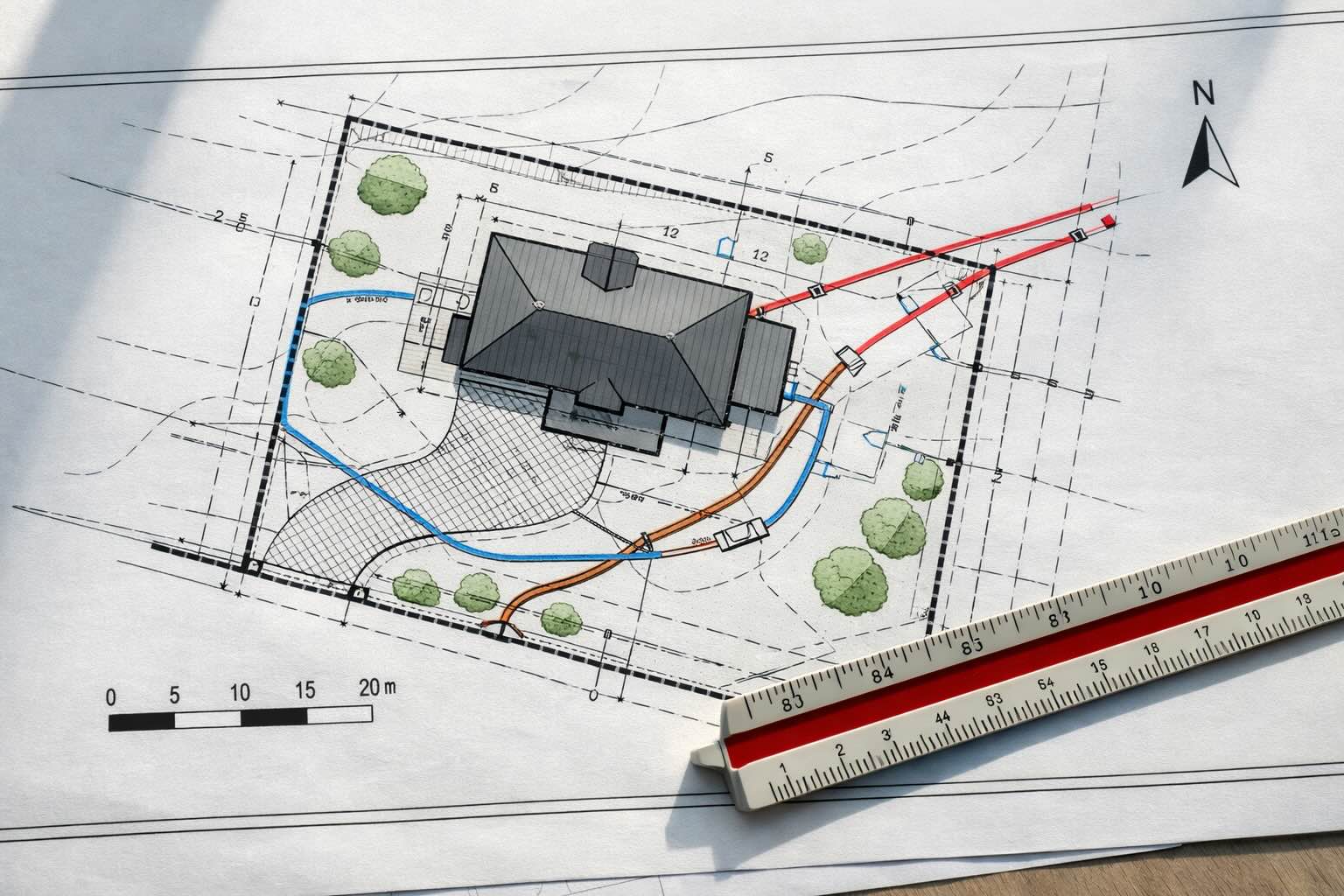 Projekt zagospodarowania terenu – plan działki z domem i infrastrukturą Rysunek techniczny projektu zagospodarowania terenu z oznaczonym domem, podjazdem i przyłączami mediów