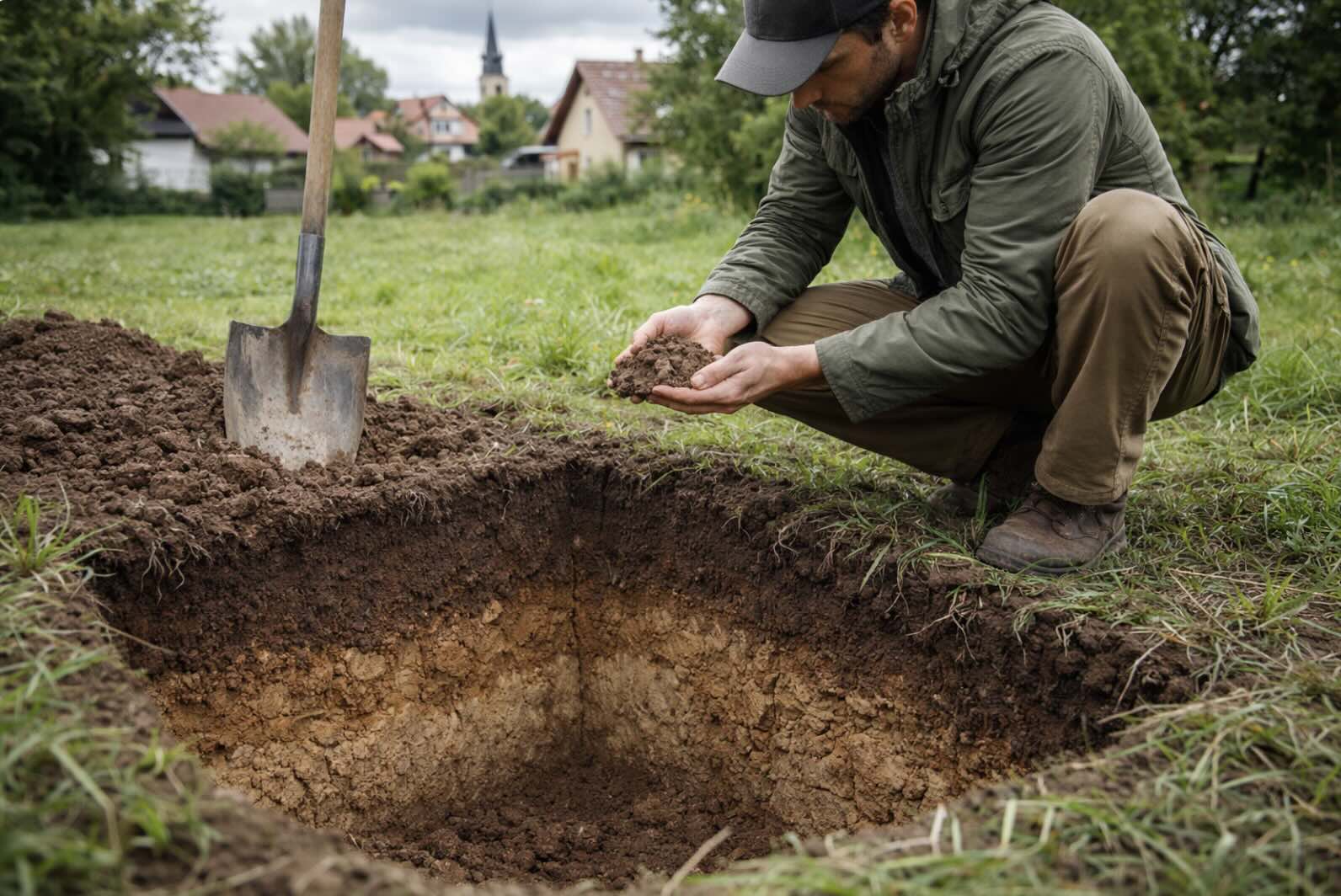Samodzielne sprawdzanie gruntu na działce łopatą Osoba kopiąca próbny wykop łopatą na działce w celu sprawdzenia rodzaju gruntu