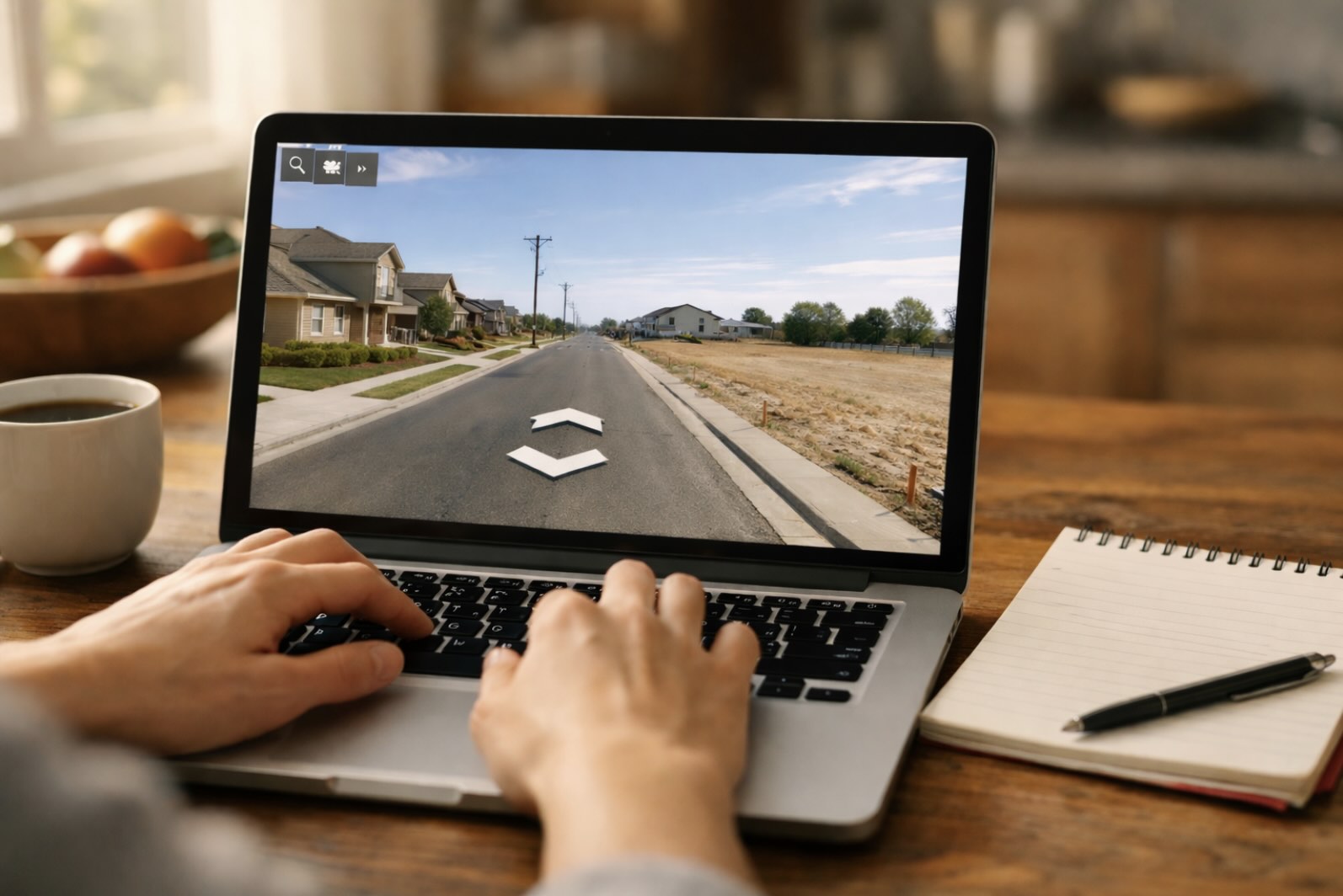 Laptop z widokiem Google Maps Street View pokazującym ulicę z działkami budowlanymi