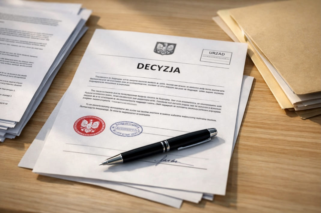 Decyzja o warunkach zabudowy z dokumentami urzędowymi Oficjalne dokumenty urzędowe z pieczątkami i decyzja o warunkach zabudowy na biurku