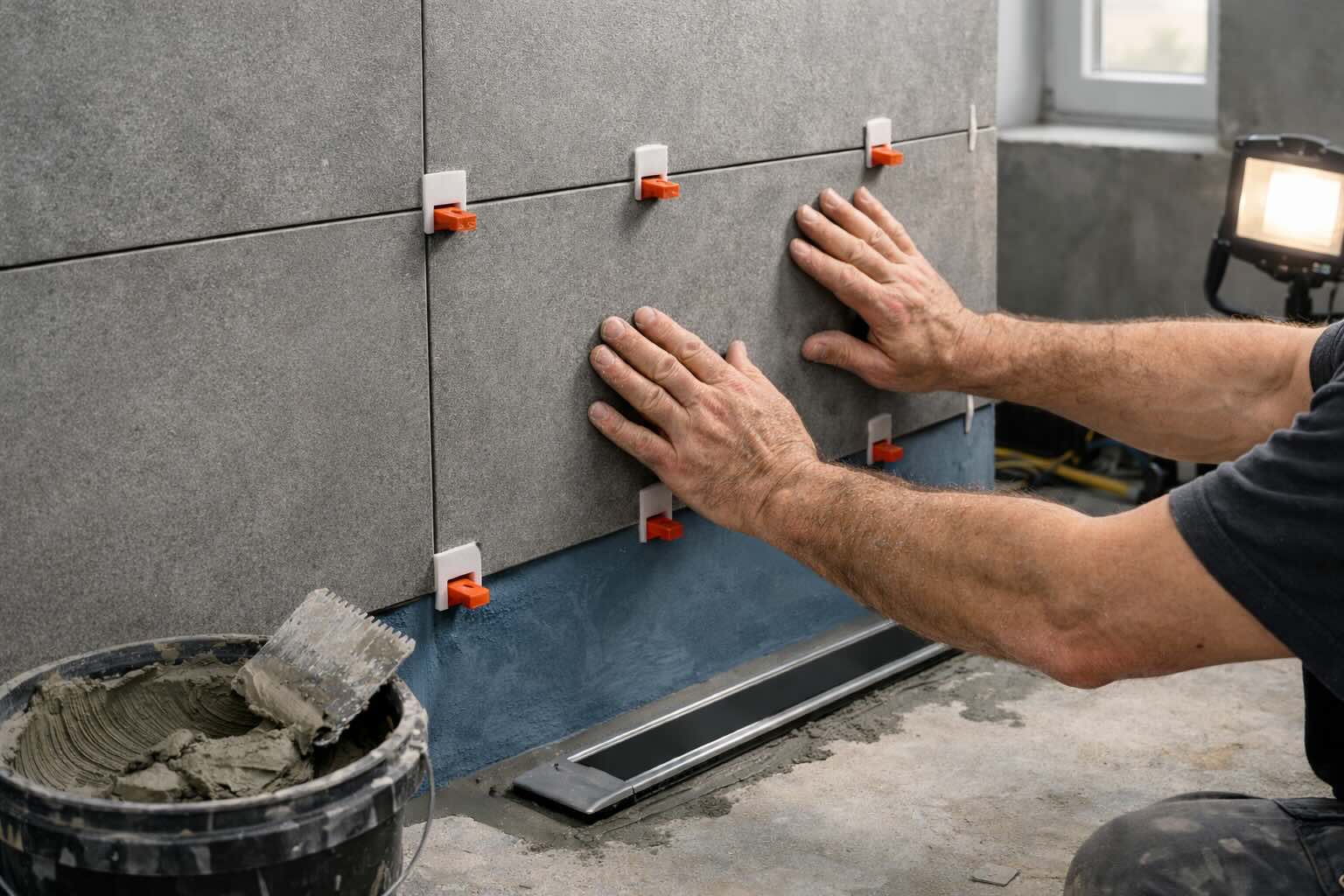 Wykończenie łazienki – układanie płytek na hydroizolacji Łazienka w trakcie wykończenia z widoczną hydroizolacją i częściowo ułożonymi płytkami ceramicznymi na ścianach