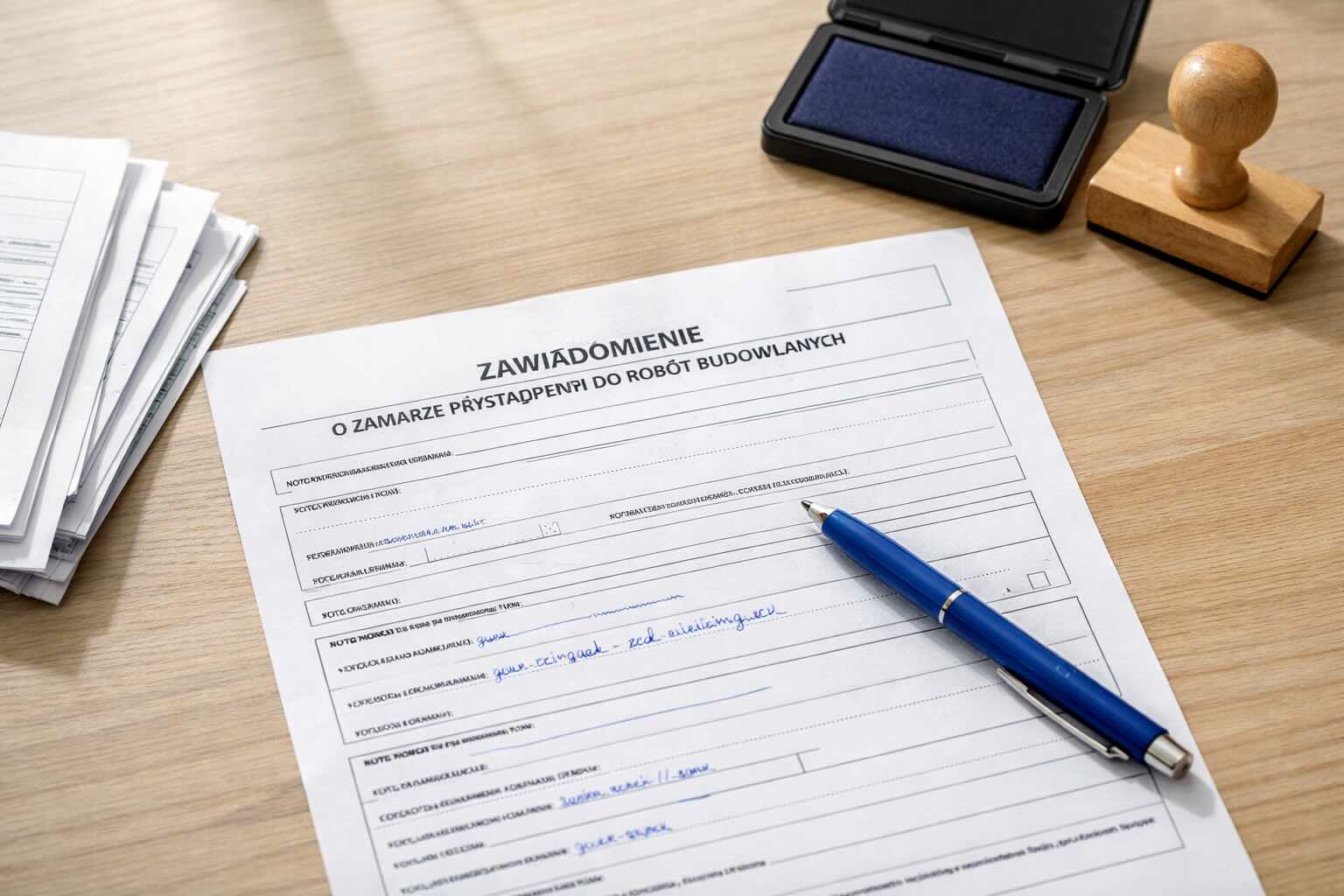 Formularz zawiadomienia o rozpoczęciu budowy PB-12 z długopisem na biurku