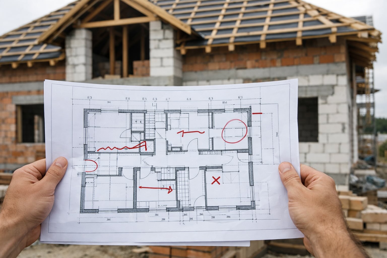 Plany architektoniczne trzymane na tle domu w stanie surowym otwartym