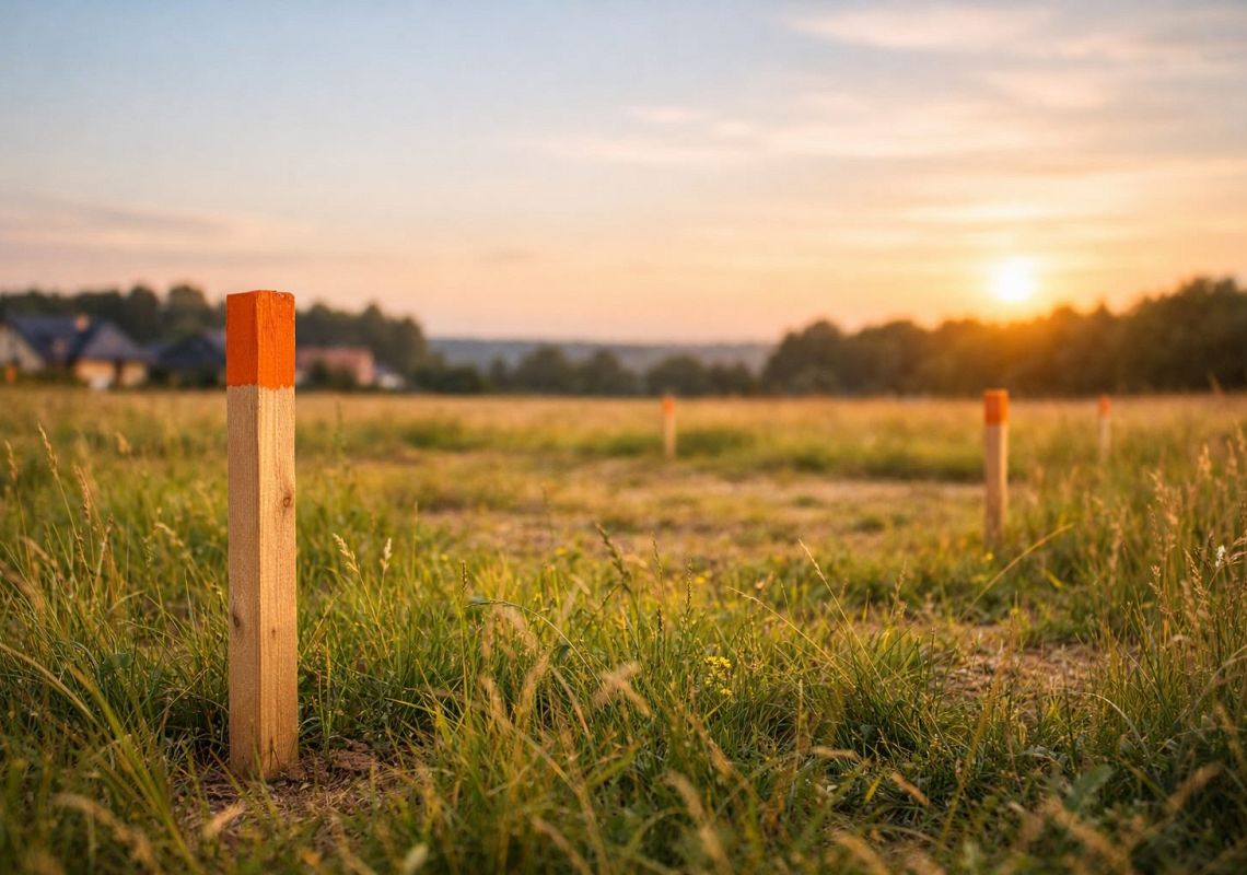 Działka budowlana z widocznymi palikami geodezyjnymi wyznaczającymi granice domu